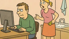 Dowcip: Mąż przy komputerze, żona za nim...
